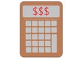 A simple outline shape of a modern scientific calculator showing red money signs at the display white backdrop Royalty Free Stock Photo