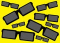 Simple outline shapes of many sun shade glasses with black frames bright yellow backdrop backdrop