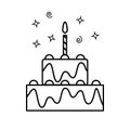 Simple outline vector icon of two-level birthday cake with one candle