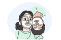 Simple outlined hand-drawn vector illustration of couple wear sheet mask together. Young couples spend relaxing time together