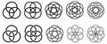 Simple overlapping circles vector drawing, version with three to seven objects, also interlocked rounds style