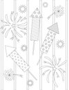 Simple page for coloring: contour drawing of star-striped firecrackers, rockets for fireworks with stars