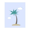 Simple palm tree icon isolated with white clouds and sand on blue background. Flat vector illustration Royalty Free Stock Photo