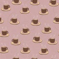 simple pattern with coffee cups in brown color, aromatic coffee on a pink nude background