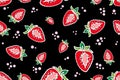 A simple pattern of strawberries. Black background, ripe strawberries, white counter. The print is well suited for