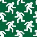 Simple pattern of white geometric running man signs over the green background