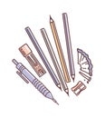 Simple pencils with a sharpener, shavings. Automatic pencil, pack of replacement leads. Vector illustration in doodle Royalty Free Stock Photo