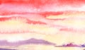 Simple picture of sunset near lake. Mountains sky in purplish pink tones Golden setting sun. Hand drawn watercolor landscape. Inte