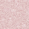Simple pink and white flowers leaves and swirls, seamless pattern, vector