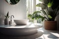 bathroom interior home leaf sink plant design green tropical clean white. Generative AI.