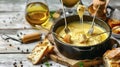 The Simple Pleasures of Dipping Bread into Warm, Delicious Fondue Cheese with a Glass of White Wine Royalty Free Stock Photo