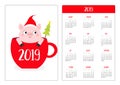 Simple pocket calendar layout 2019 new year. Week starts Sunday. Pig piggy in red coffee tea cup. Santa hat, snow.Cute cartoon