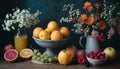 A simple provincial still life with fruits and flowers