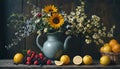 A simple provincial still life with fruits and flowers