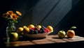 A simple provincial still life with fruits and flowers