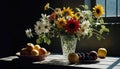 A simple provincial still life with fruits and flowers