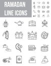 Simple Ramadan Kareem line icon set vector. Eid al-Adha Islam signs. Mosque, Koran, lantern, prayer, rosary, drum are shown.