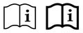 Simple `read instructions` icon. Letter i on page of a book,