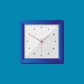 Simple realistic clock in squre blue frame on blue background. Watch on the wall