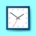 Simple realistic Clock in squre blue frame on color background. Watch on the wall. Vector design object Royalty Free Stock Photo