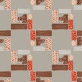 Simple rectangles seamless pattern. Geometry figures in brown, red and grey colors on soft grey background