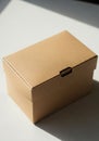 A simple, rectangular cardboard box is placed on a white surface. The box is light brow Royalty Free Stock Photo