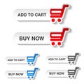 Simple red, blue and grey shopping cart - trolley on white buttons. Rounded labels. Item add to cart and buy now for web page. Royalty Free Stock Photo