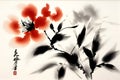 Simple red flower plant in Sumi-E painting