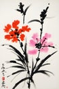 Simple red flower in Sumi-E painting