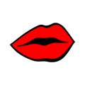 Simple Red Lips kiss. Vector patch, sticker isolated on white. Cool sexy red kissed. Cartoon Sign for print, in comics Royalty Free Stock Photo