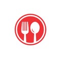 Red restaurant circle fork and spoon vector logo and icon