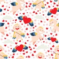 Simple repeating seamless pattern with Cupid, hearts and cloud i