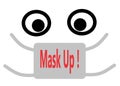 A simple representation of getting oneself masked up showing a light grey face mask over a pair of eyes white backdrop