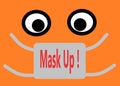 A simple representation of getting oneself masked up showing a light grey face mask over a pair of eyes white backdrop