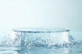 simple round ice podium, on a simple blue background with space for text standing in clean and clear water. Freshness concept Royalty Free Stock Photo