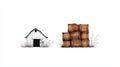 Simple Rural Scene with White Barn and Stacked Wooden Crates on a Plain Background Royalty Free Stock Photo
