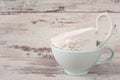 Simple rustic white and blue crockery, empty dishes. Two large bowls each other. Wooden background, vintage, shabby chic, copy spa