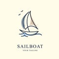 Simple Sailboat dhow boat ship on Sea Ocean Wave with line art style logo design