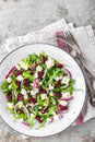 Simple salad with arugula, beans, soft cheese, onions and oil