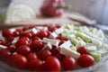 A simple salad for a healthy diet. Cherry tomatoes, celery and slices of cheese. Fresh vegetables for a vitamin diet Royalty Free Stock Photo