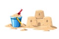 Simple sand castle with blue bucket and red shovel. Cartoon design. Flat vector illustration isolated on white background Royalty Free Stock Photo