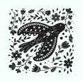 Simple Scandinavian bird with flower details. Summer or spring animal art. Retro floral doodle. Apparel print. Plant