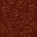 Simple schematic flowers on a dark brown background. Floral seam