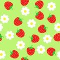 Simple schematic red strawberry and white flowers on a green background. Floral seamless texture, endless pattern with flower and