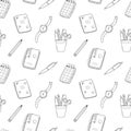 A simple school seamless pattern with a notebook, clock, stationery, notepad, pen. Black and white background with Royalty Free Stock Photo