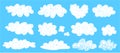 Simple scribble white clouds set. Cute and kawaii elements collection on blue bg like a png. Vector naive art