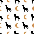 Simple seamless background with a wolf and moon image. Black and gold. Vector. Pattern .Vectoral illustration.