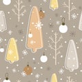 Simple seamless Christmas pattern with varied Xmas trees,snowflakes in Scandinavian style vector. Royalty Free Stock Photo