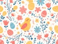 simple seamless doodle easter themed pattern, light pastel colors,birds and flowers and eggs
