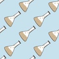 Simple seamless doodle pattern with chemical lab flask ornament. Educaion cartoon elements in beige and white tones on blue